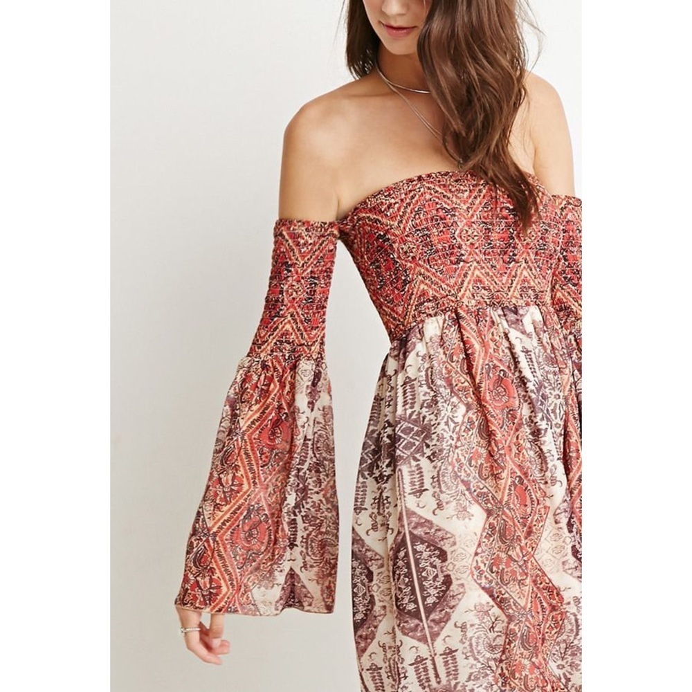 🌞 F21 Orange Red Off-Shoulder Paisley Print Smocked Boho Bohemian Dress